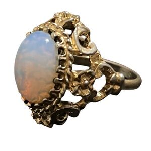 Antique Art Deco Victorian Gold Plated Filagree Floral & Opal Gemstone Ring
